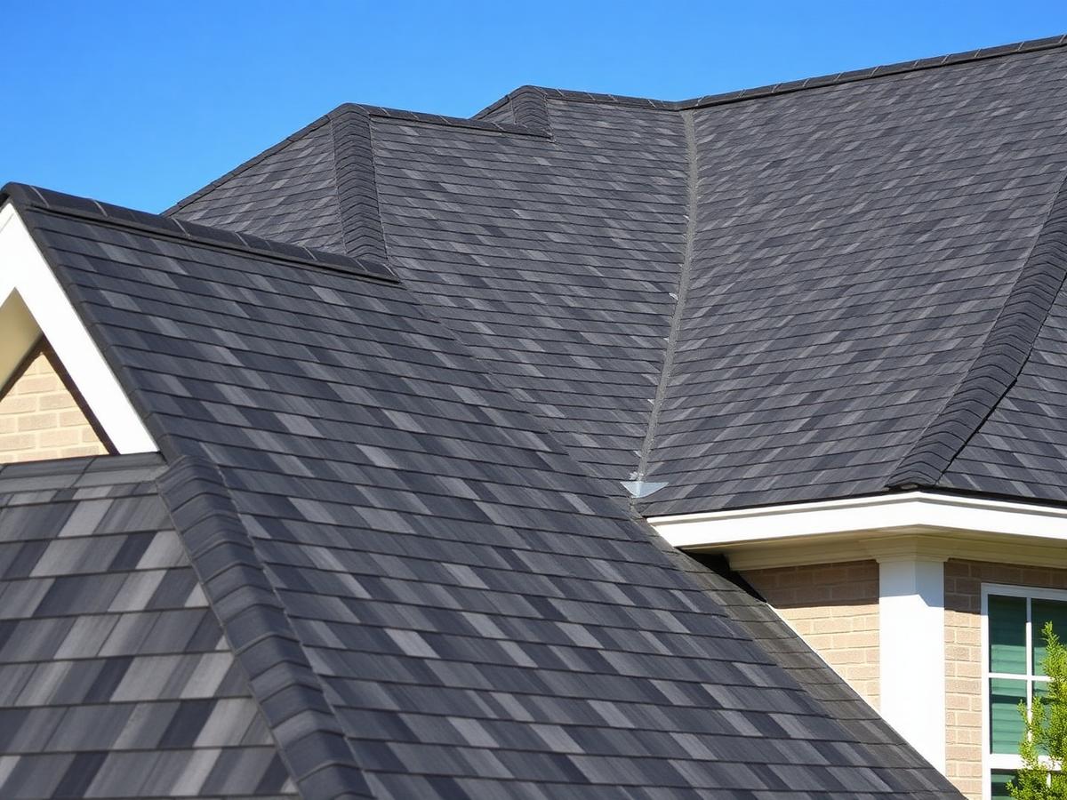 Newly completed architectural shingle roof on a suburban home